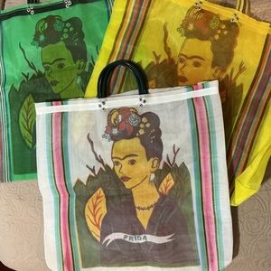 Frida Bundle Three Printed Mesh Tote Bags - White, Green and Yellow